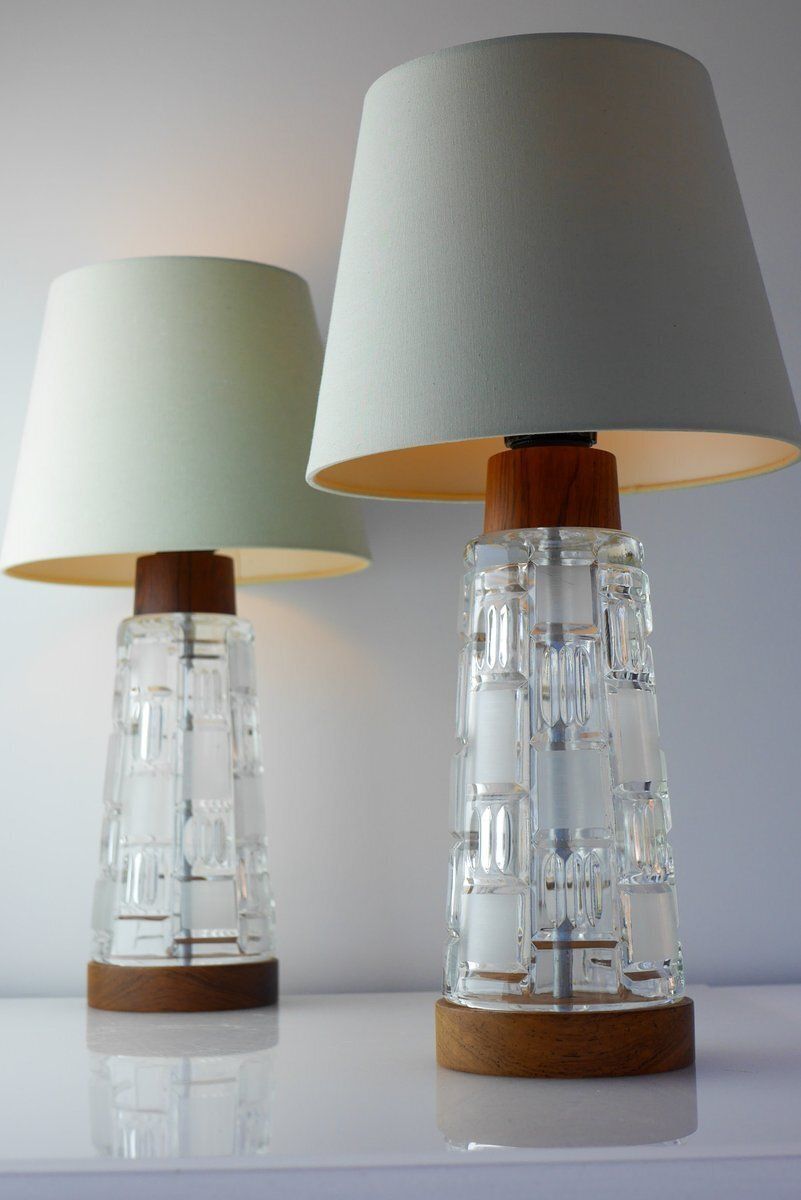 Mid Century Modern Scandinavian Teak And Glass Table Lamps, Set Of 2