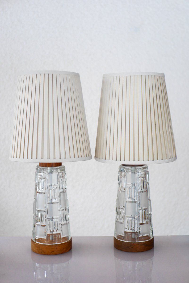 Mid Century Modern Scandinavian Teak And Glass Table Lamps, Set Of 2 photo Lighting