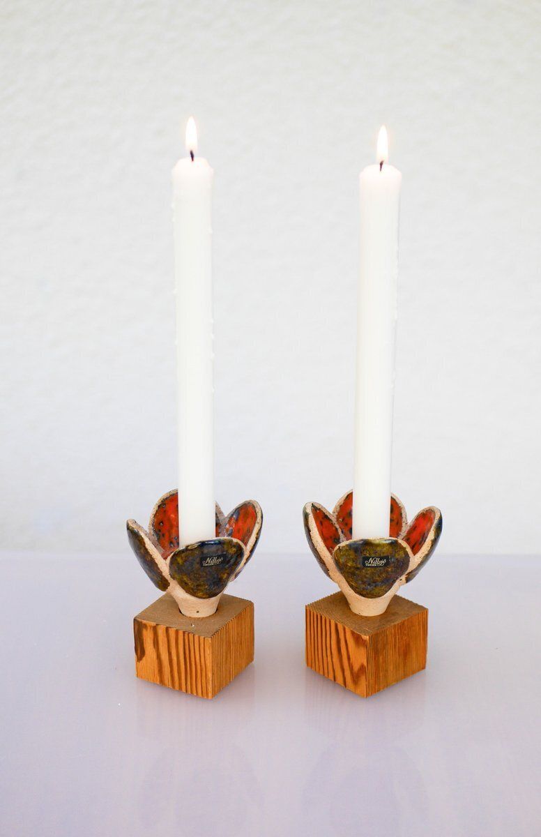 photo furniture Ceramic And Wood Candleolders From Nittsjö, Sweden, 1970s, Set Of 2