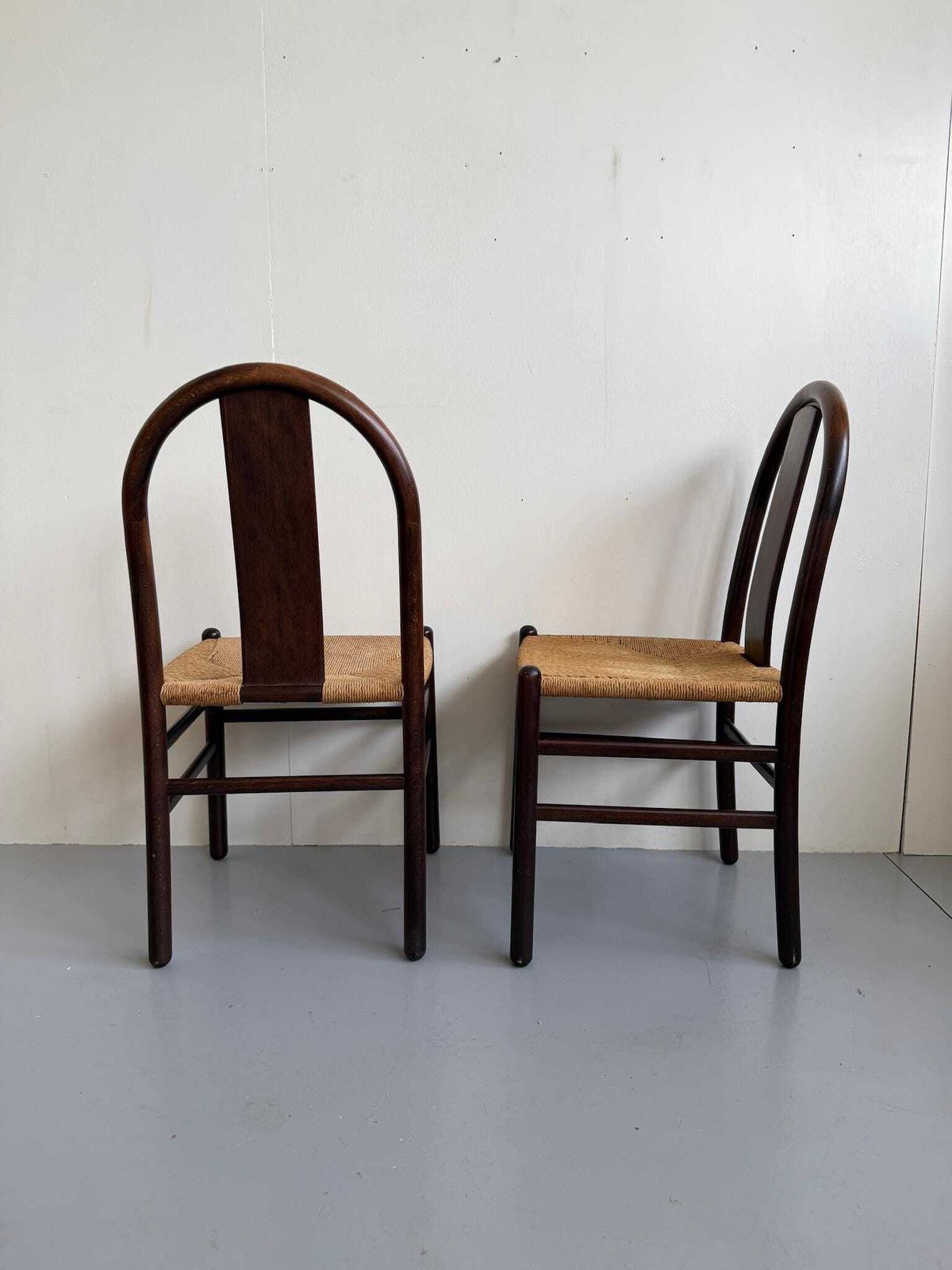 Pair Of Dark Brown Dining Chairs Rope Seat By Annig Sarian For Montina photo for sale