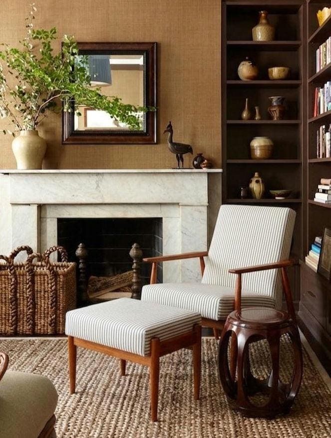 Lounge Chair With Footstool Vintage Stripe Fabric Mid Century Design, 1960