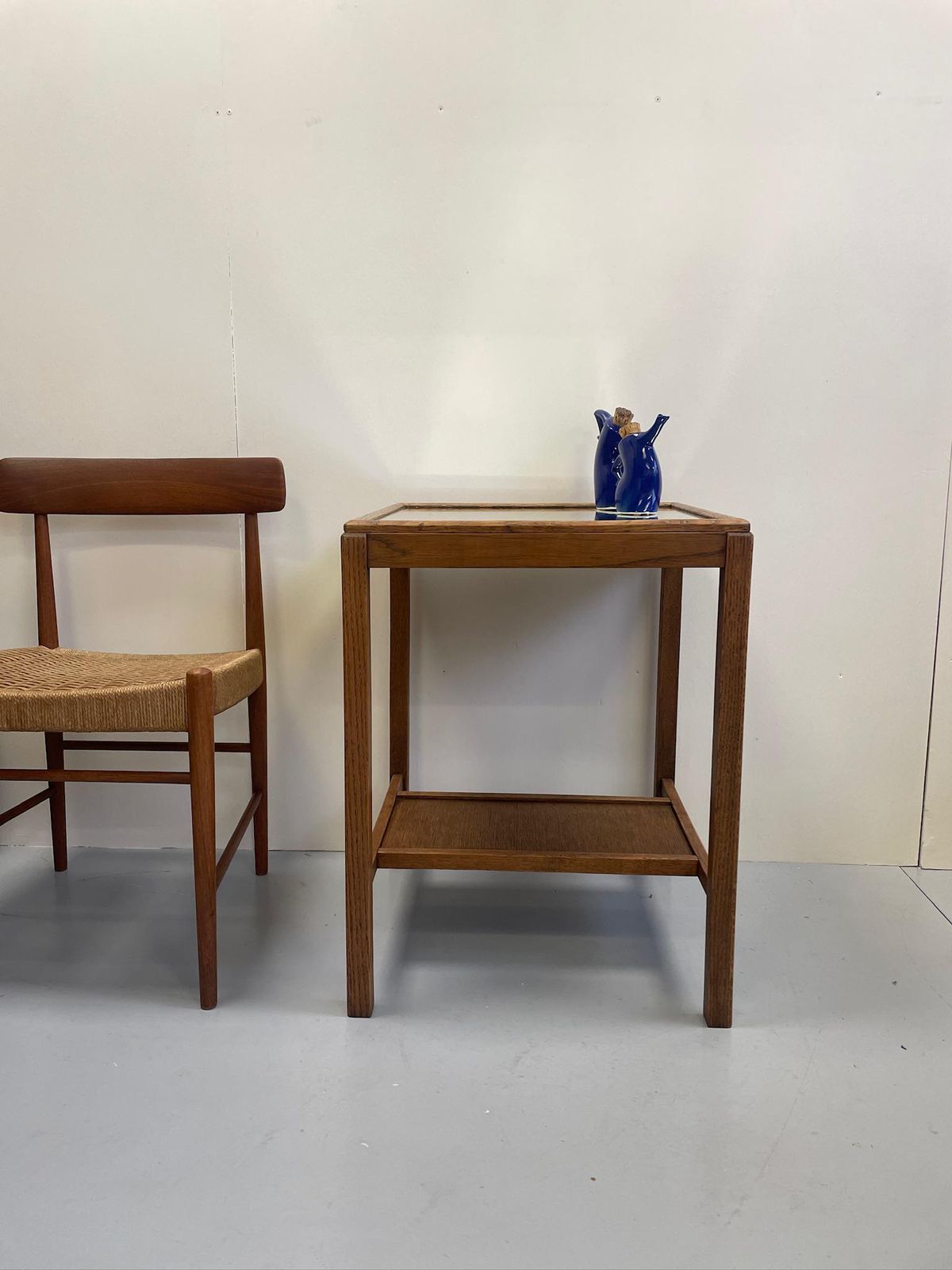 Utility Cc41 Oak Mid Century Modernist Side Table With Mirrored Top photo for sale