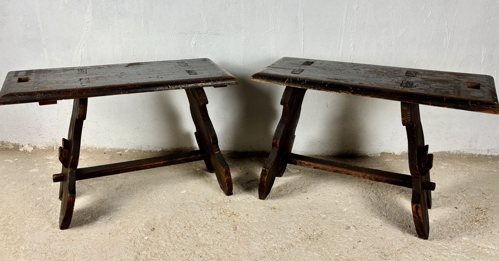 Pair Of Rustic Spanish Wooden Stools, 1900s photo for sale