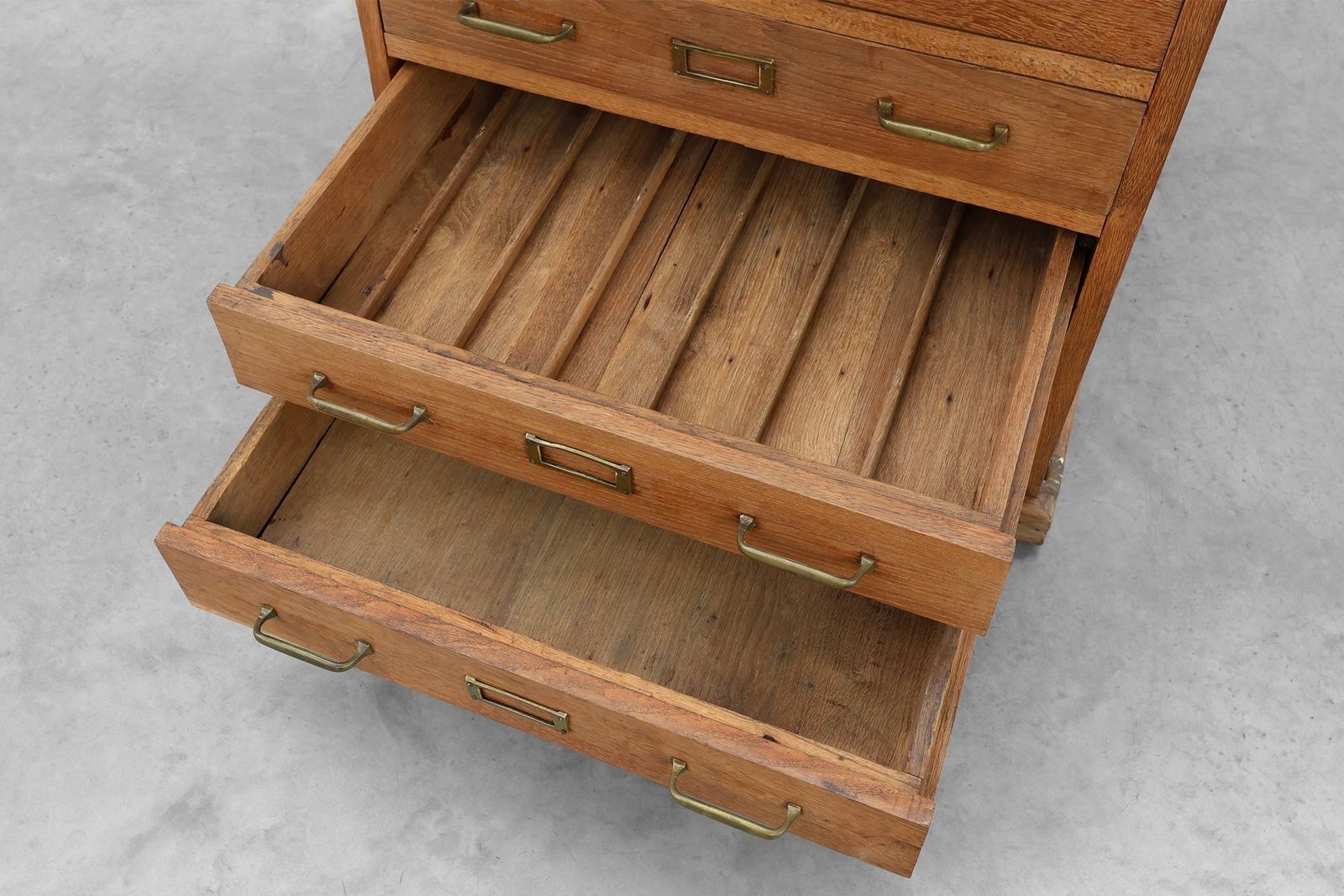 Furniture Industrial Oak Filing Cabinet With Brass Handles, United Kingdom, 1920s photo