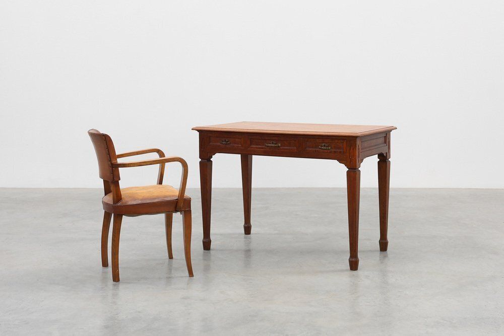 Art Deco Carved Oak Table With Copper Details, Belgium, 1920s photo furniture