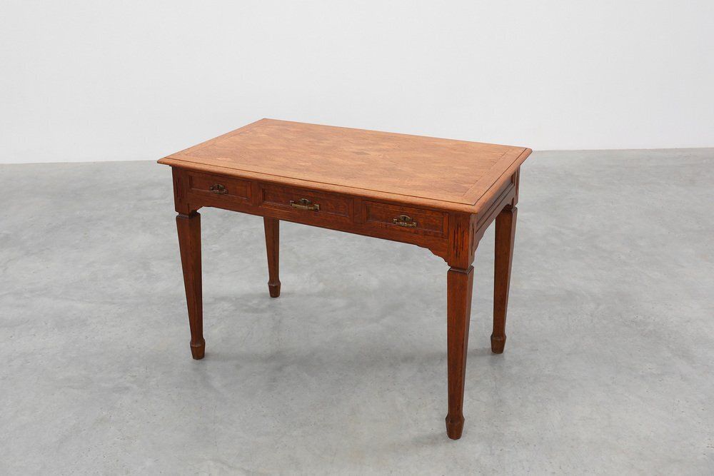 photo furniture Art Deco Carved Oak Table With Copper Details, Belgium, 1920s