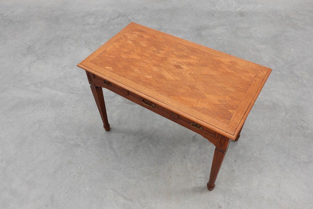 photo for sale Art Deco Carved Oak Table With Copper Details, Belgium, 1920s