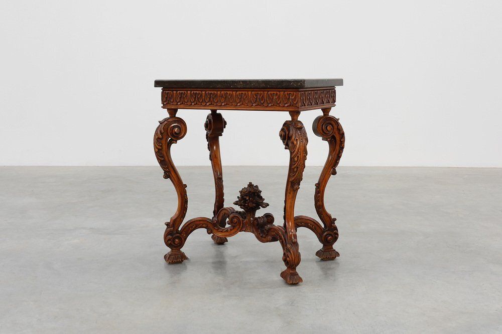 Napoleon III Style Carved Walnut Side Table With Ardune Top, France, 1900s photo for sale