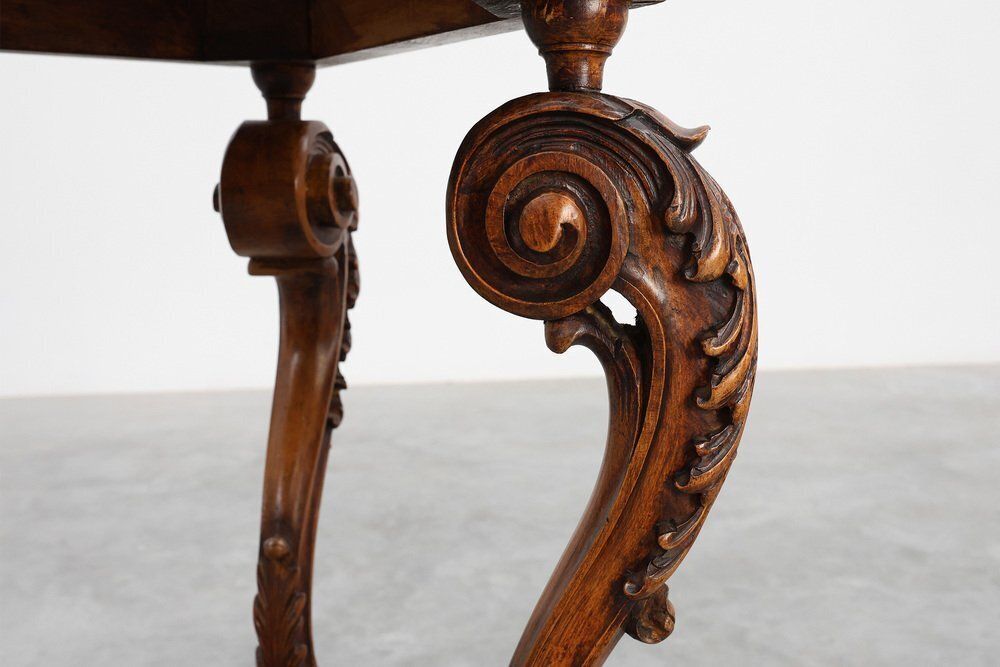 Napoleon III Style Carved Walnut Side Table With Bluestone Top, France, 1900s photo vinterior