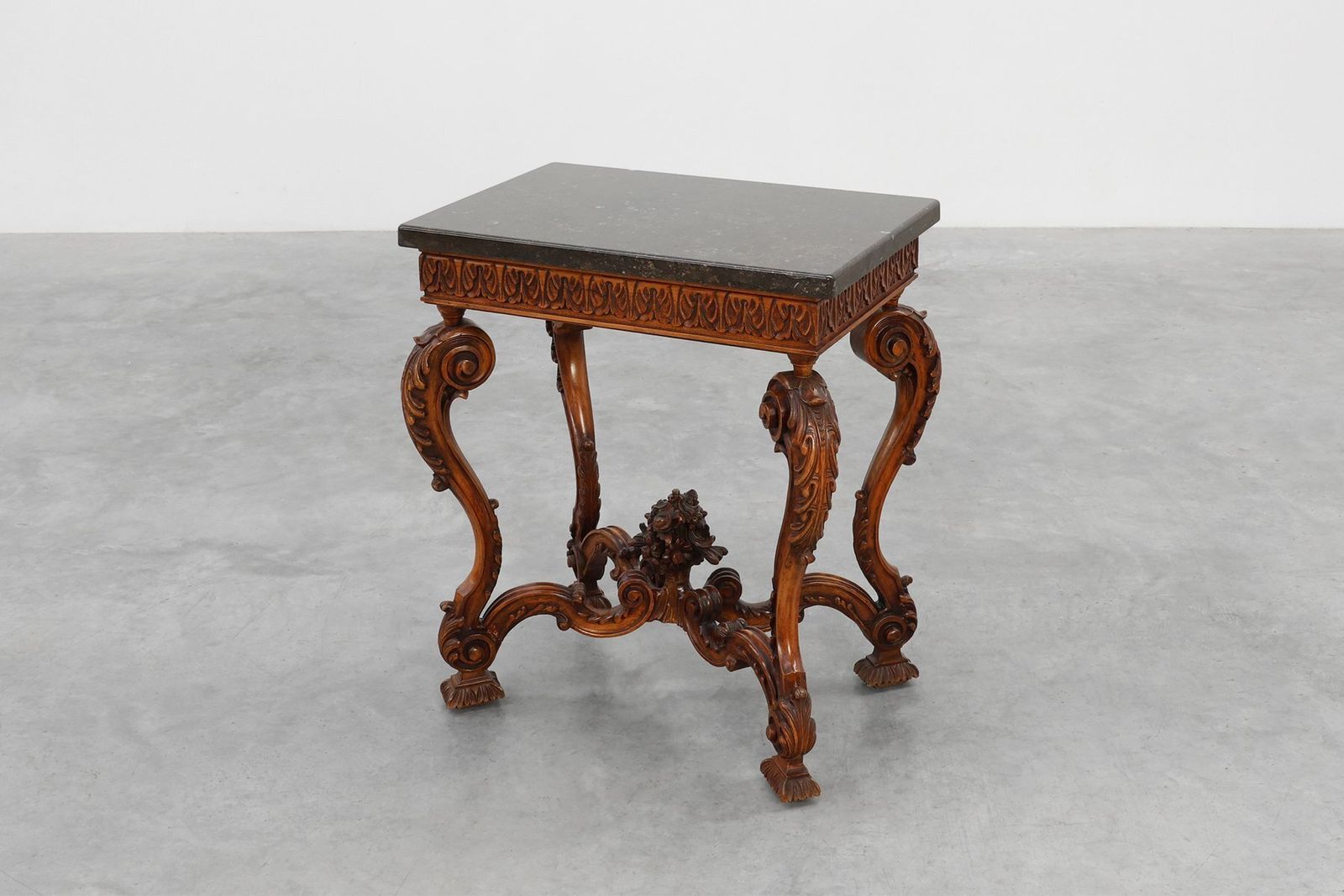 Napoleon III Style Carved Walnut Side Tables With Bluestone Tops, 1890s, Set Of 2 photo vinterior