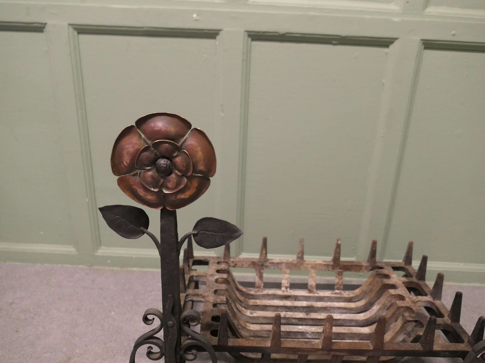 Iron Fire Grate Set On Arts And Crafts Tudor Rose Andirons This Is A Very Stylish Grate photo vinterior