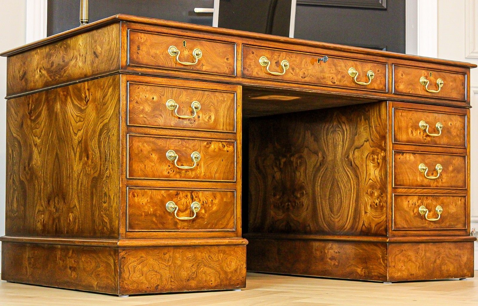 Antique Burr Walnut Pedestal Partners Leather Top Desk, Captains Chair & Cabinet photo furniture