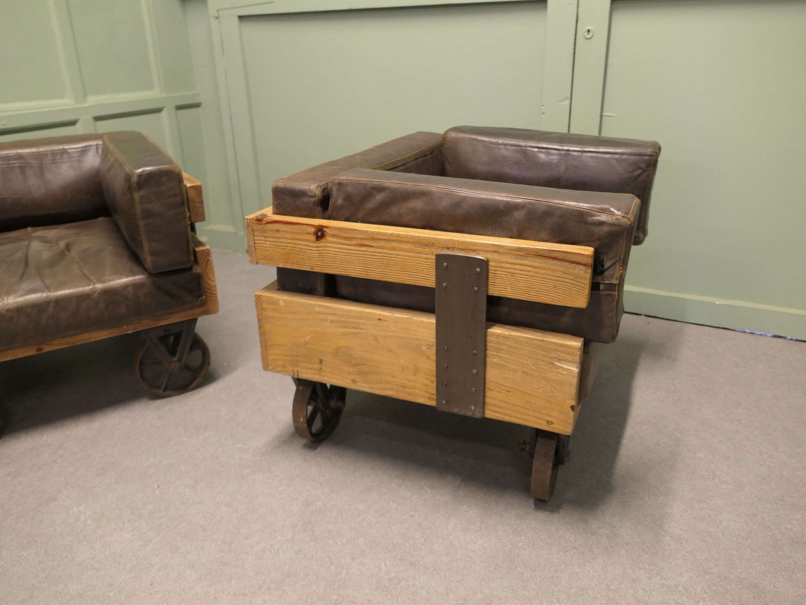 A Pair Of Wood Framed Industrial Designer Club Chairs The Chairs Have Solid Wooden Frames photo 1320.0