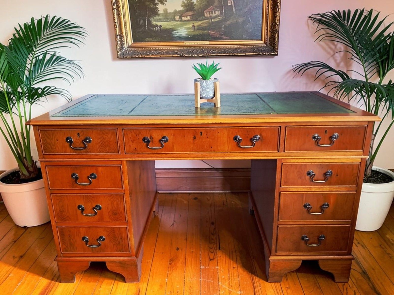 Antique Vintage Twin Pedestal Desk Wooden Yew Wood Leather Top 1980 Large photo for sale