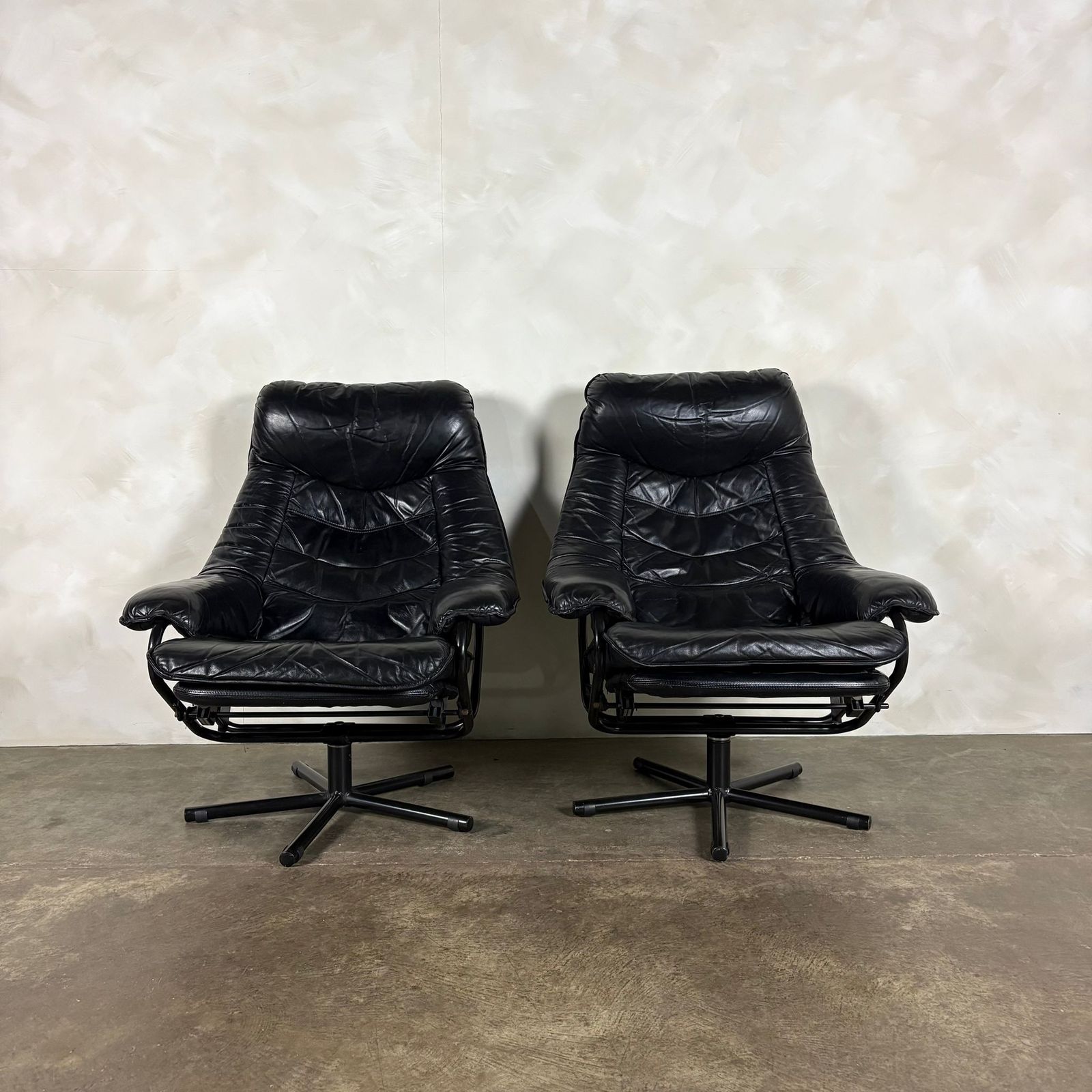 Black Leather Skoghaug Reclining Swivel Lounge Chair With Matching Footstool Mid Century Retro Mcm photo furniture