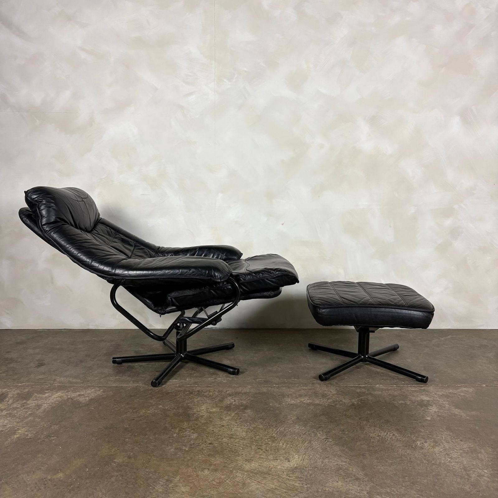Black Leather Skoghaug Reclining Swivel Lounge Chair With Matching Footstool Mid Century Retro Mcm photo vinterior