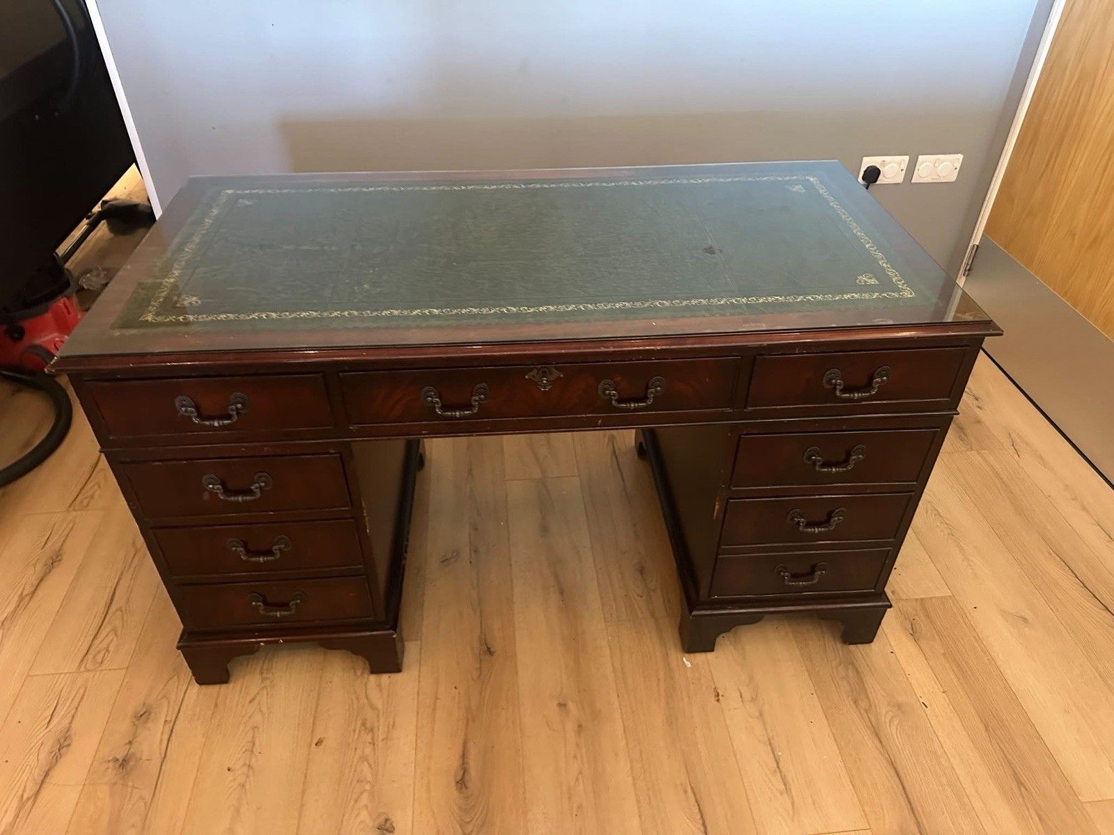 photo for sale Antique Style Captains Bankers Desk Green Leather Twin Pedestal Partners #79