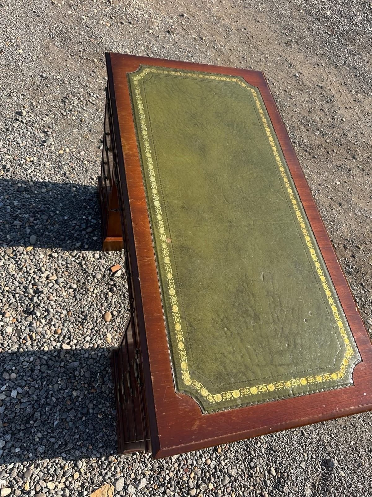 photo for sale Antique Style Captains Bankers Desk Green Leather Twin Pedestal Partners #81