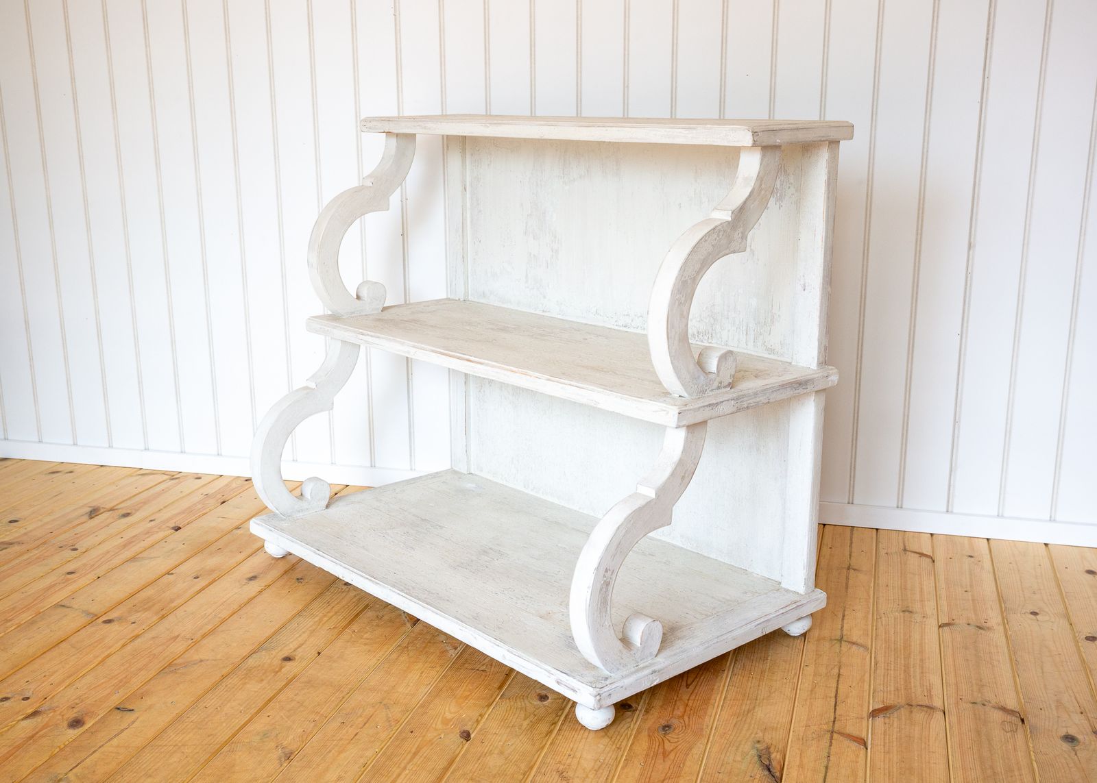 photo vintage French Waterfall Shelving Unit Bookcase Display Media Stand 20c Regency Console White Distressed Painted Floor Standing