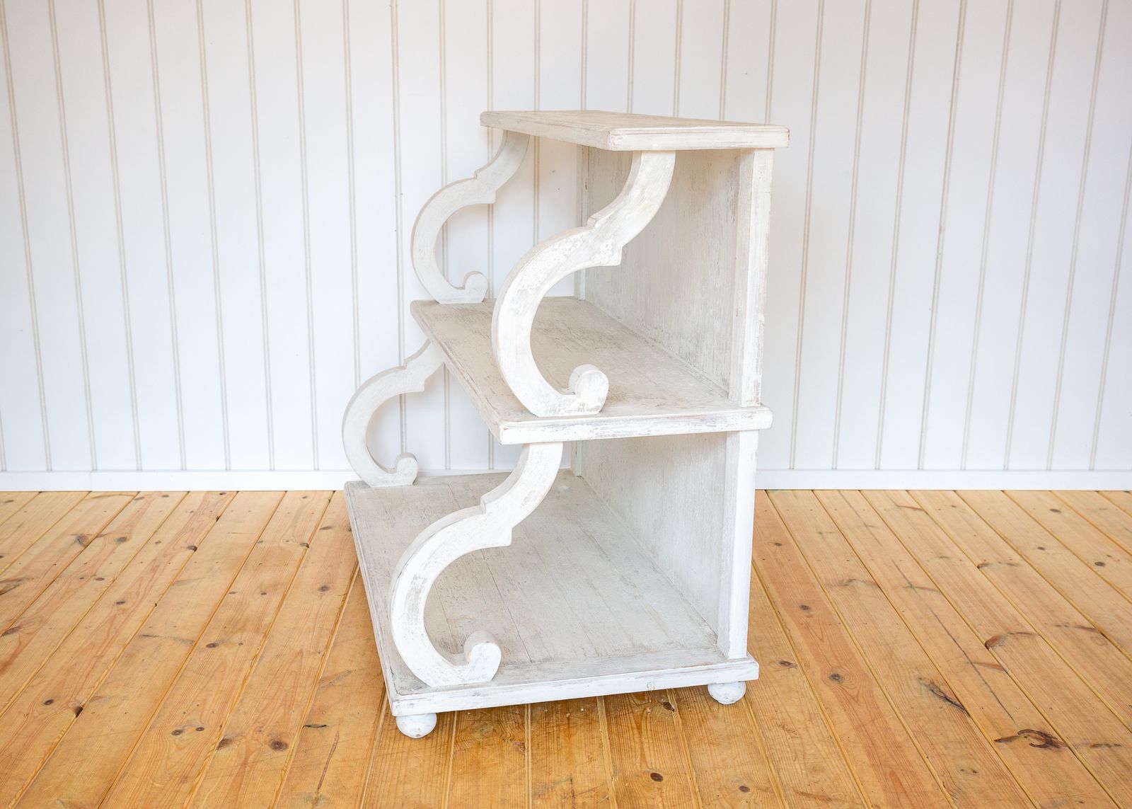 French Waterfall Shelving Unit Bookcase Display Media Stand 20c Regency Console White Distressed Painted Floor Standing photo vintage
