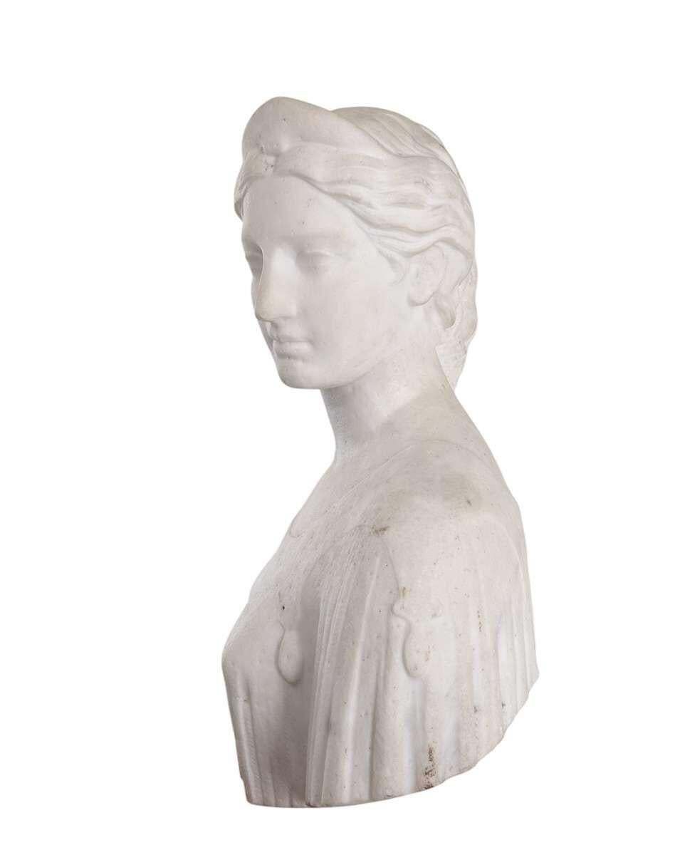 White Carrara Marble Bust Of A Woman 1860s   Attributed To Hiram Powers photo vinterior