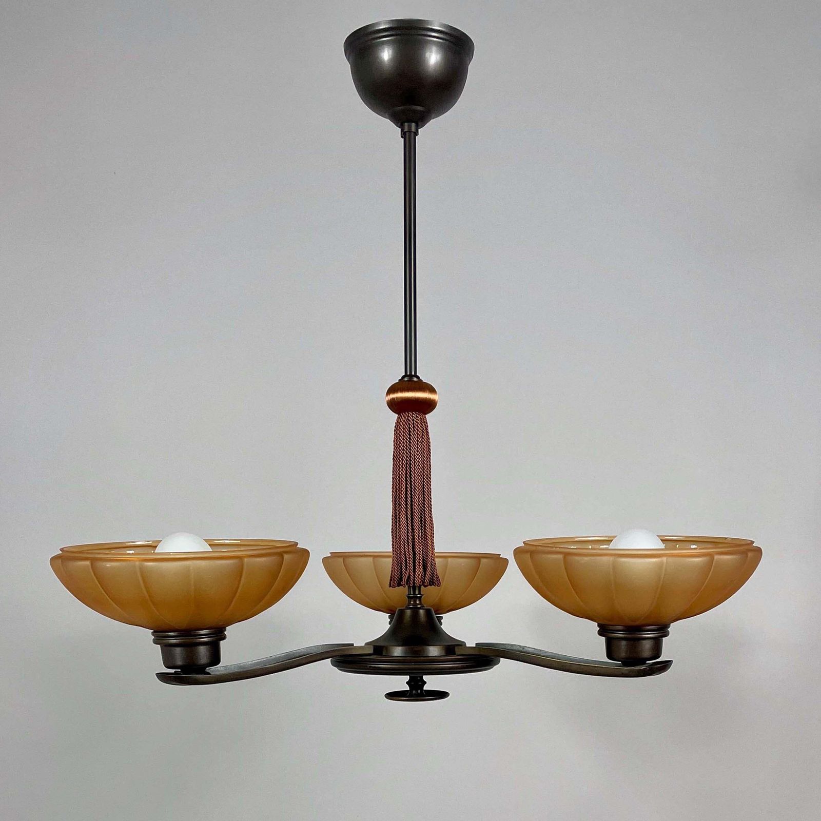 Art Deco Bronze & Havanna Glass Chandelier, Böhlmarks, Sweden 1930s photo for sale