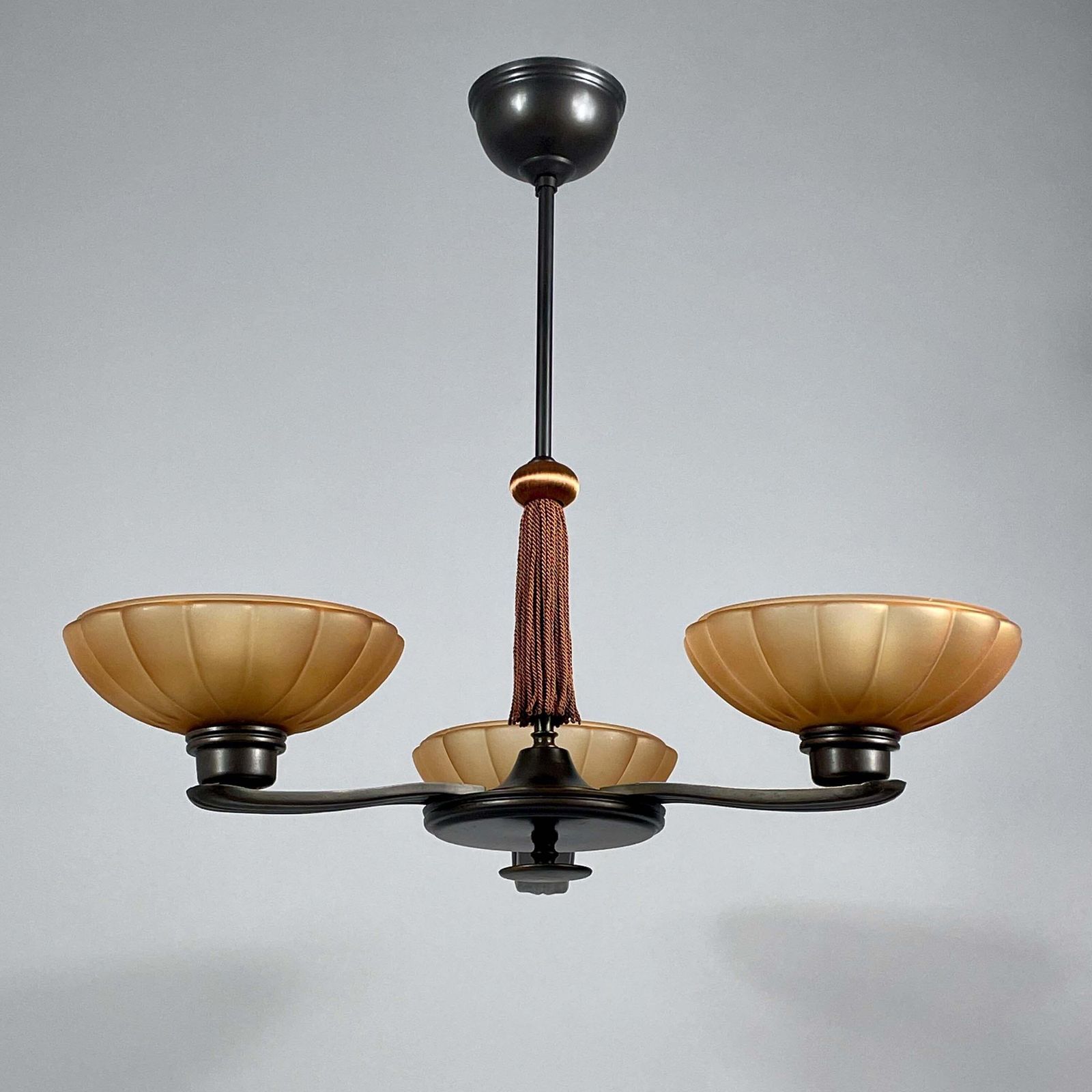 photo for sale Art Deco Bronze & Havanna Glass Chandelier, Böhlmarks, Sweden 1930s