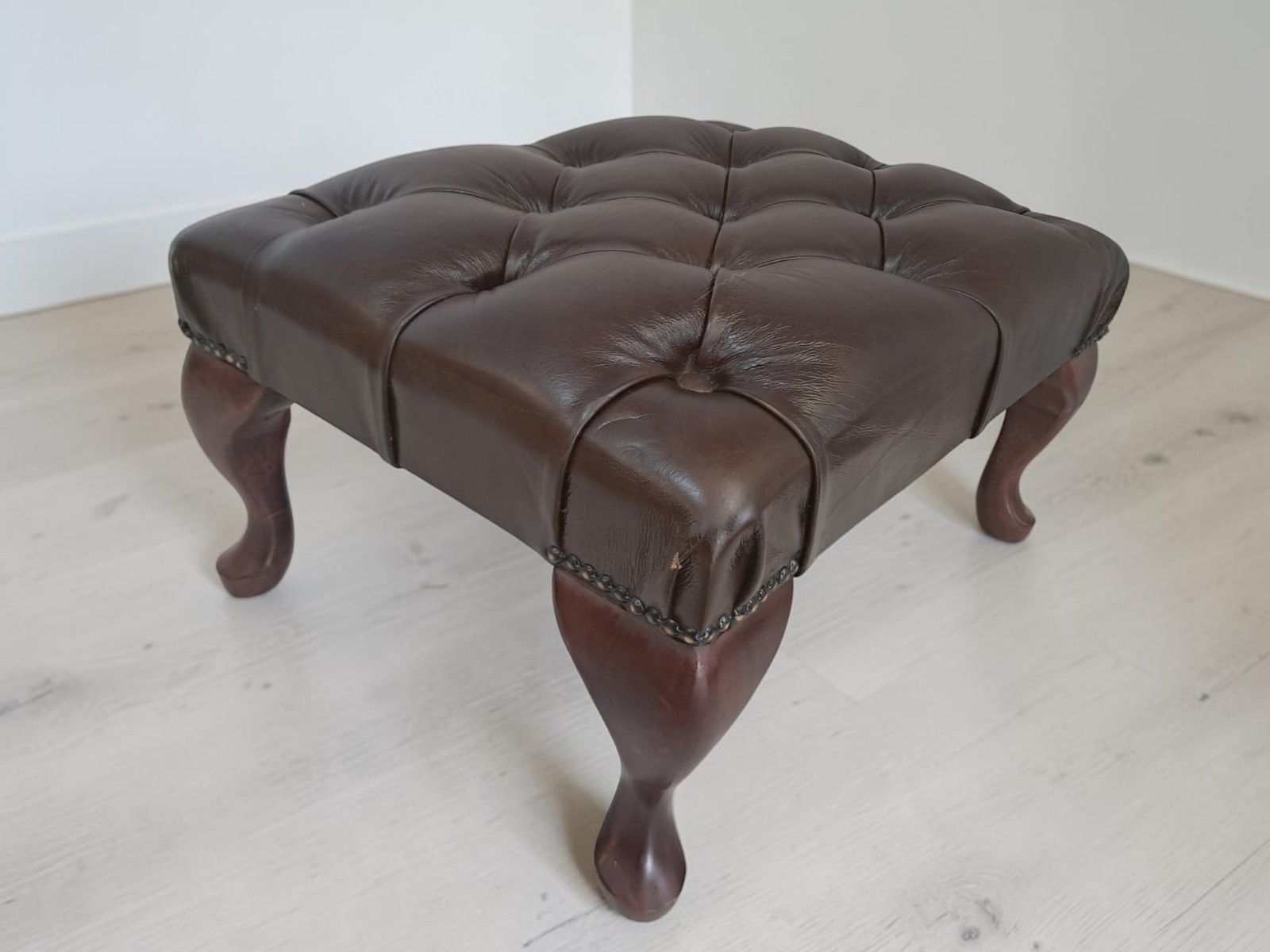 Vintage Chesterfield Brown Footstool Buttoned Leather Foot Stool 1980 photo 175.0