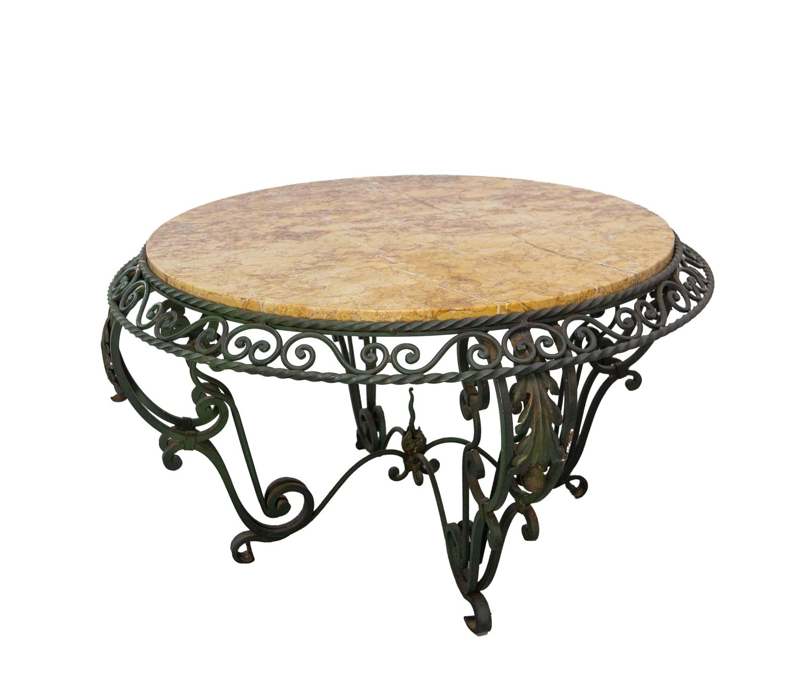 Franse ronde salontafel met marmeren blad en smeedijzeren onderstel photo buy