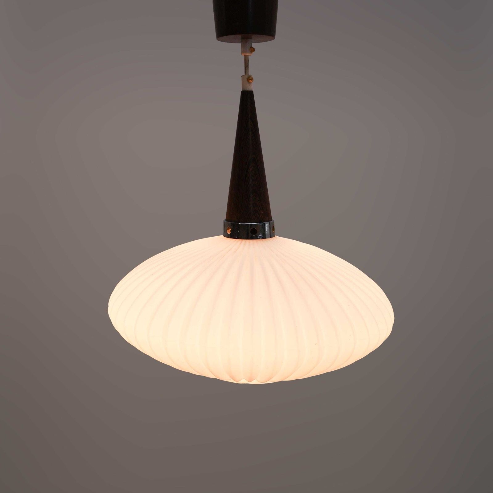 Mid Century Scandinavian Pendant Light, Wenge With Opaline Shade, 1970s. photo vinterior