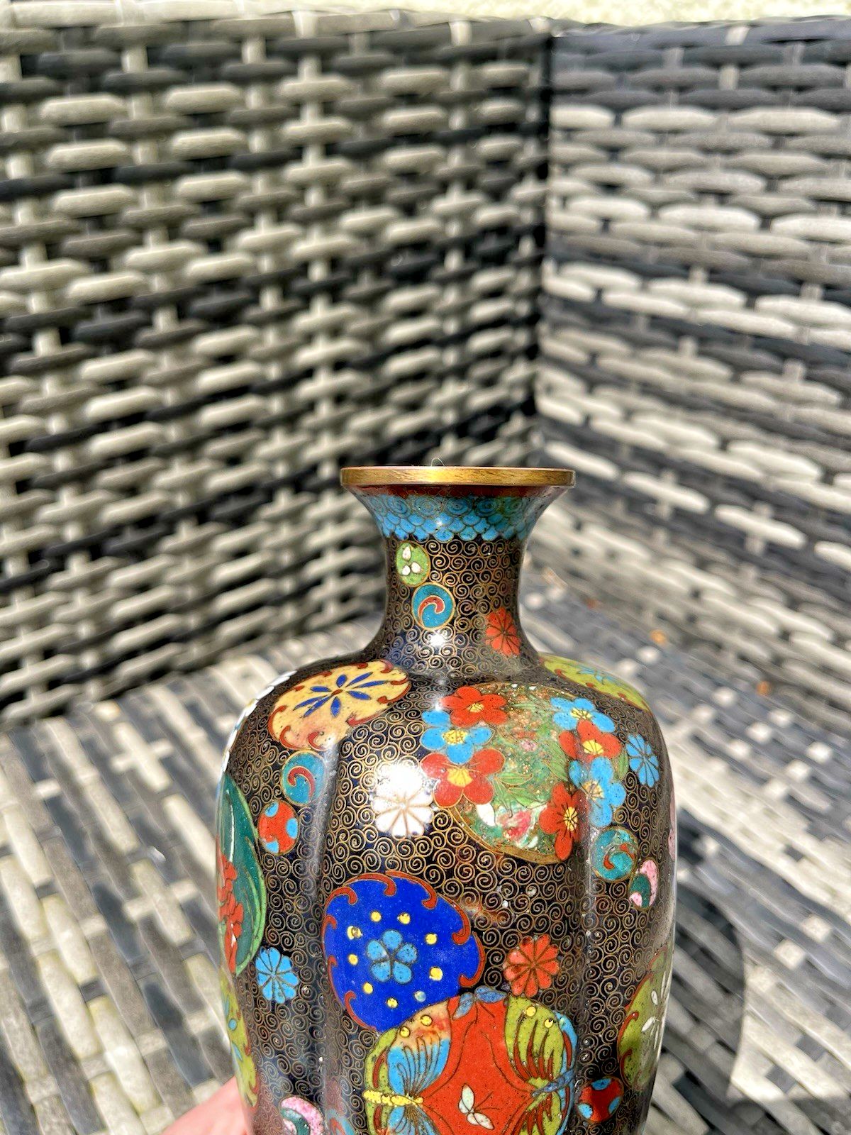photo furniture Antique Japanese Meiji Period Cloisonne Enamel Floral 8 Lobed Vase T. Komajiro