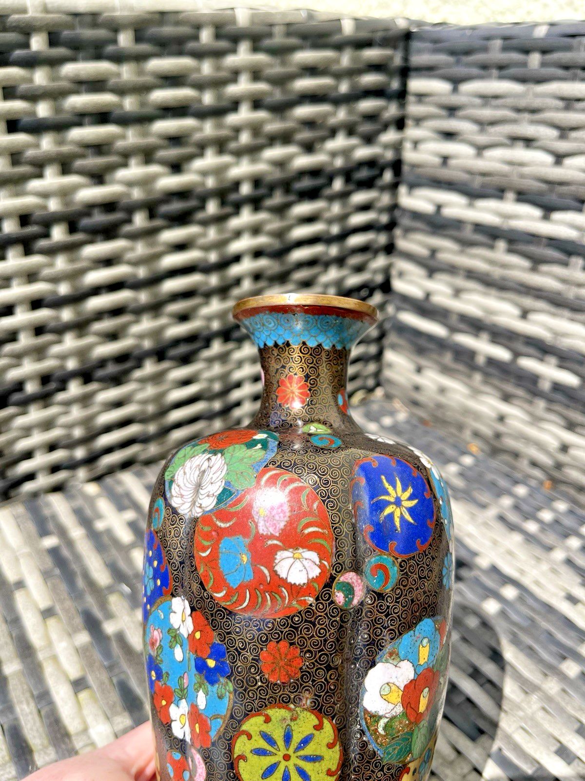 220.0 Antique Japanese Meiji Period Cloisonne Enamel Floral 8 Lobed Vase T. Komajiro photo