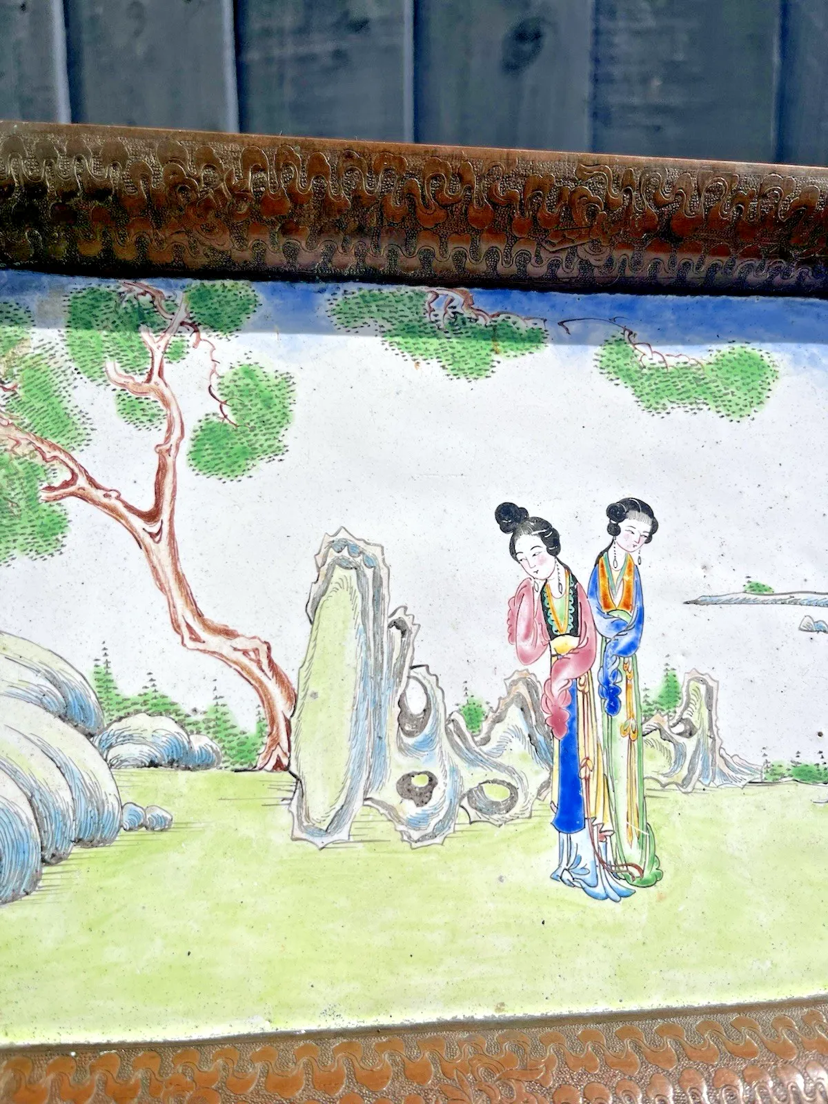 120.0 Antique Chinese Enamelled Copper Trinket Tray Hand Painted Figural Garden Scene photo