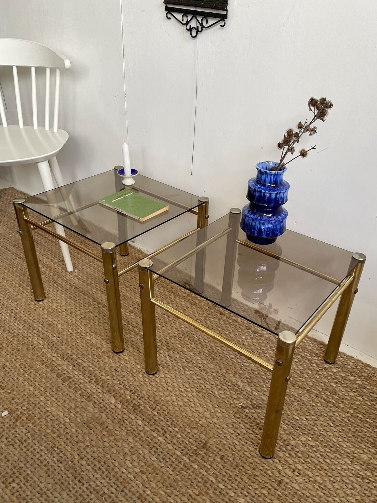 Pair Of Gold Brass Coloured Hollywood Regency Style 1980s Side Or Lamp Tables With Smoked Glass Top photo furniture
