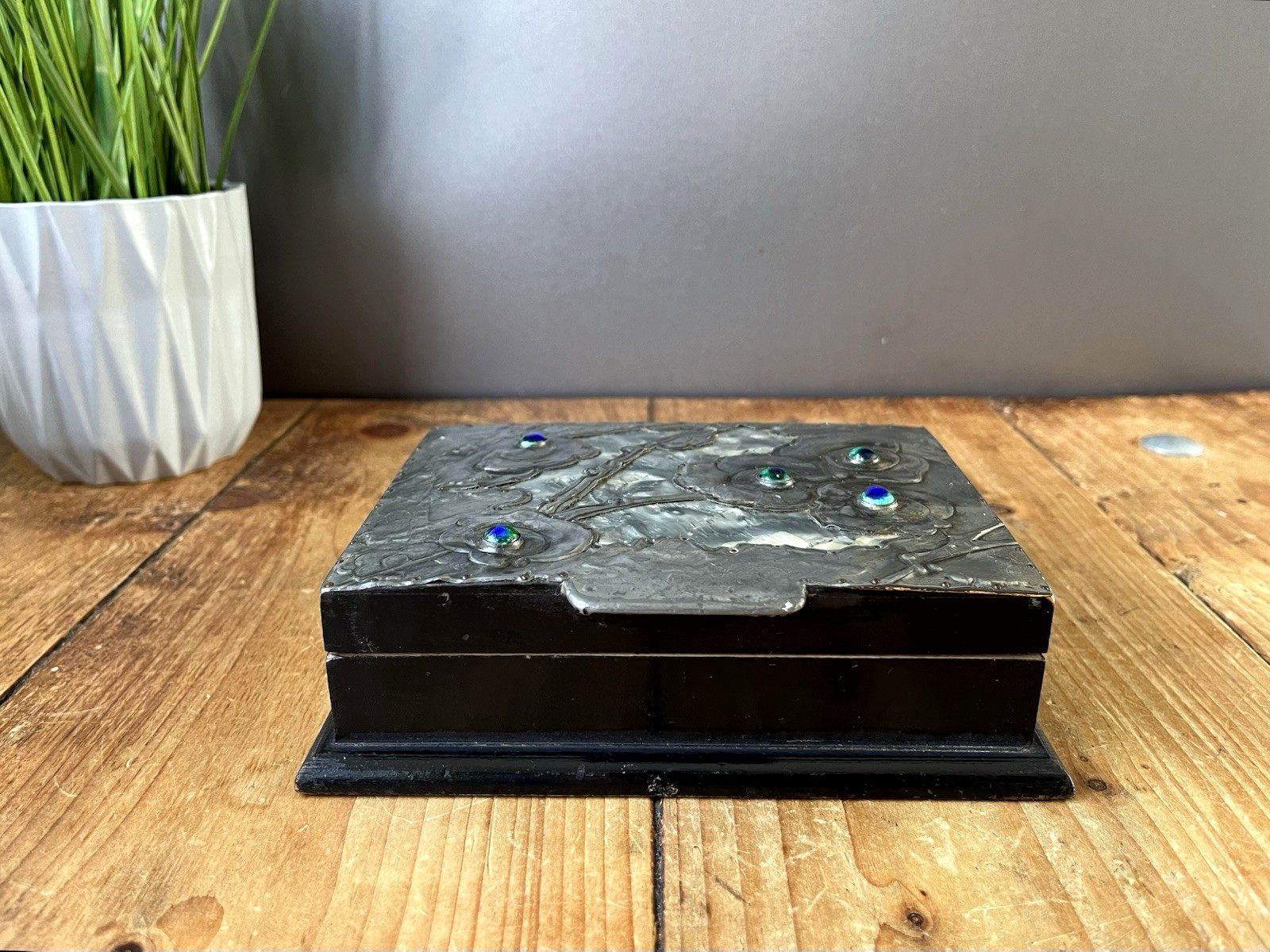 Antique Arts & Crafts Floral Pewter Cabochon Jewelled Trinket Box Art Nouveau photo for sale