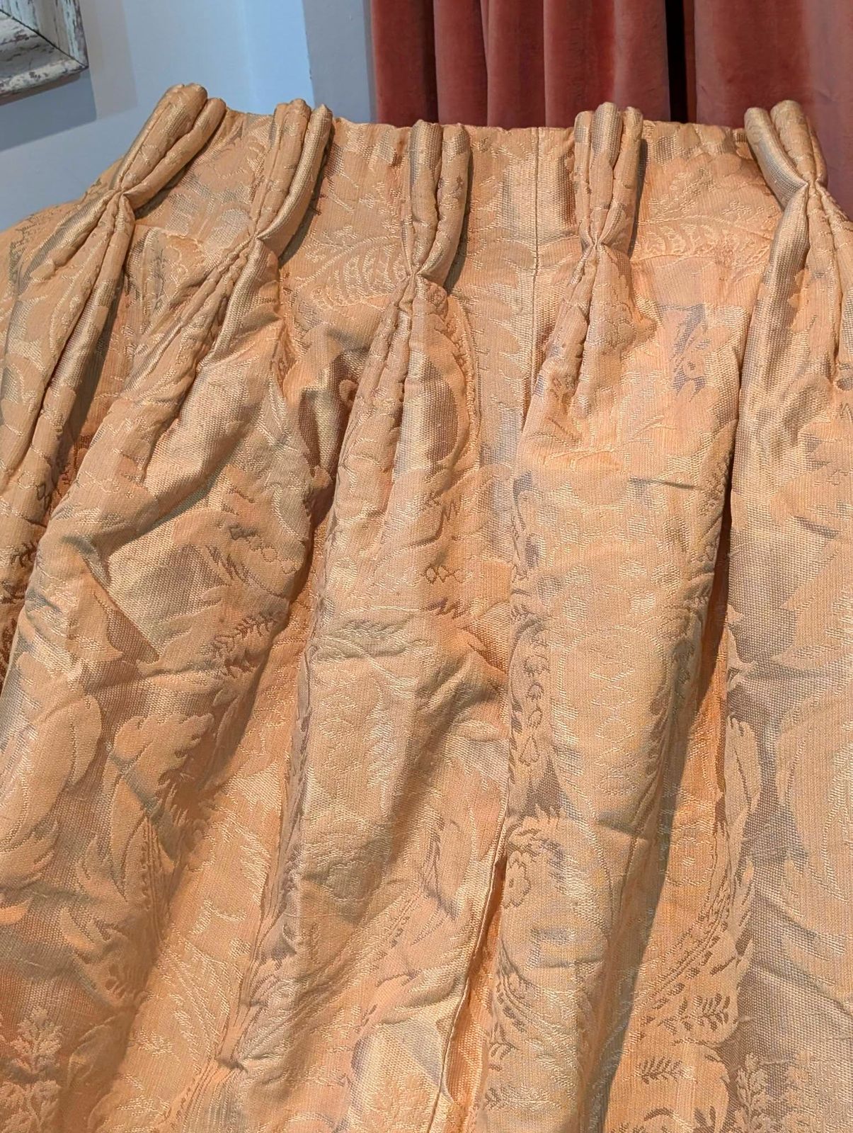 Lovely Vintage Gold Damask Pinch Pleat Second Hand Curtains W224 D254 – Up To 2 Pairs Available photo furniture