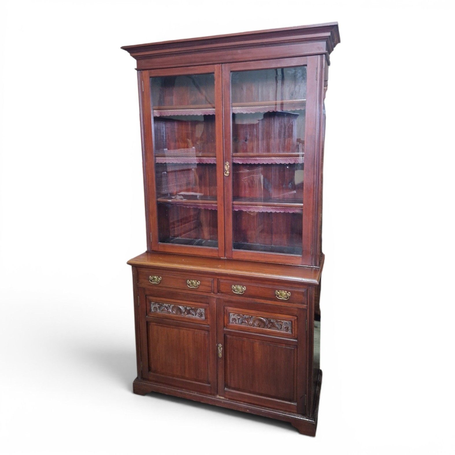Antique Walnut Bookcase Display Cabinet Glazed Cupboard Carved Edwardian photo 395.0