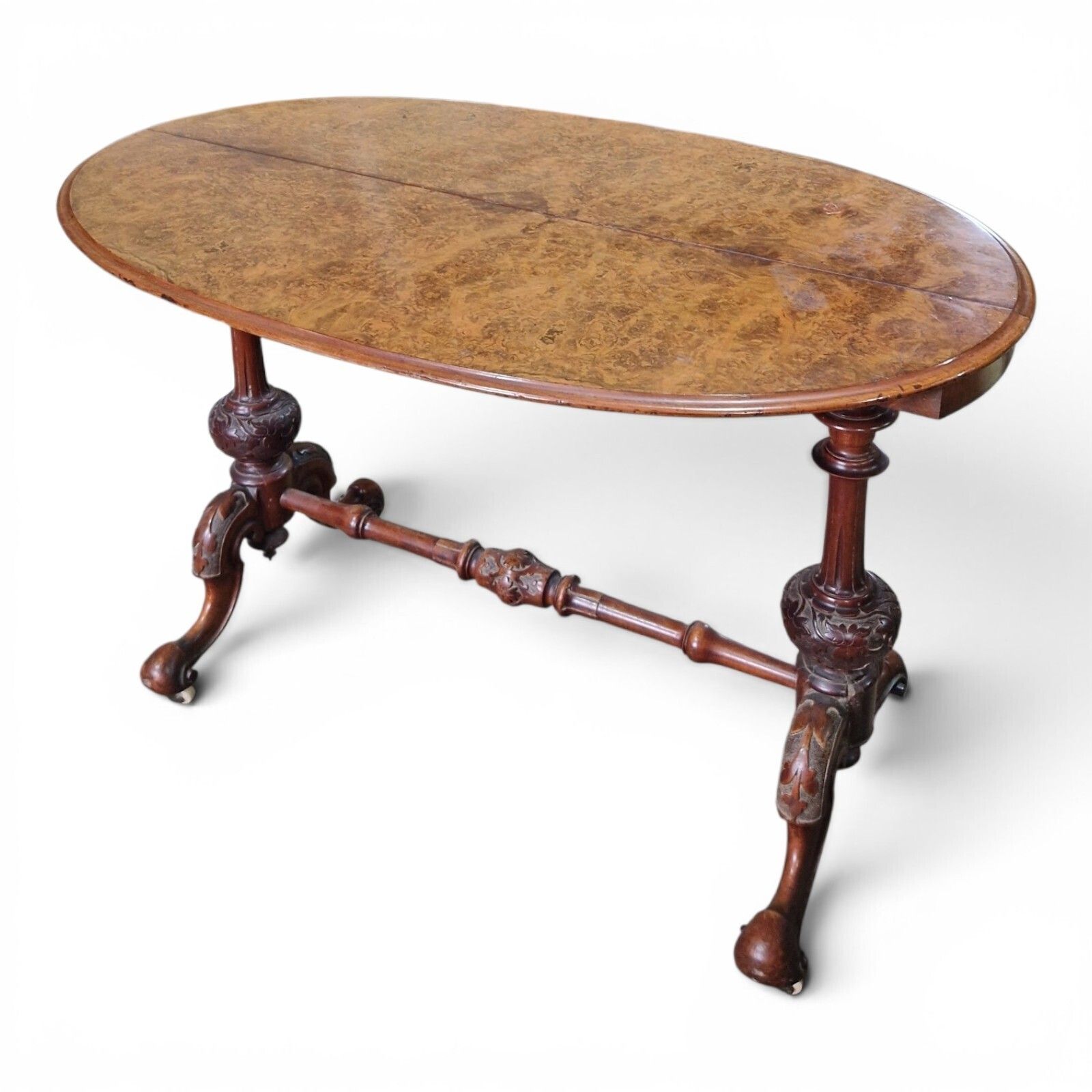 Antique Victorian Burr Walnut Oval Table Console Desk Centre Table Carved Base photo for sale