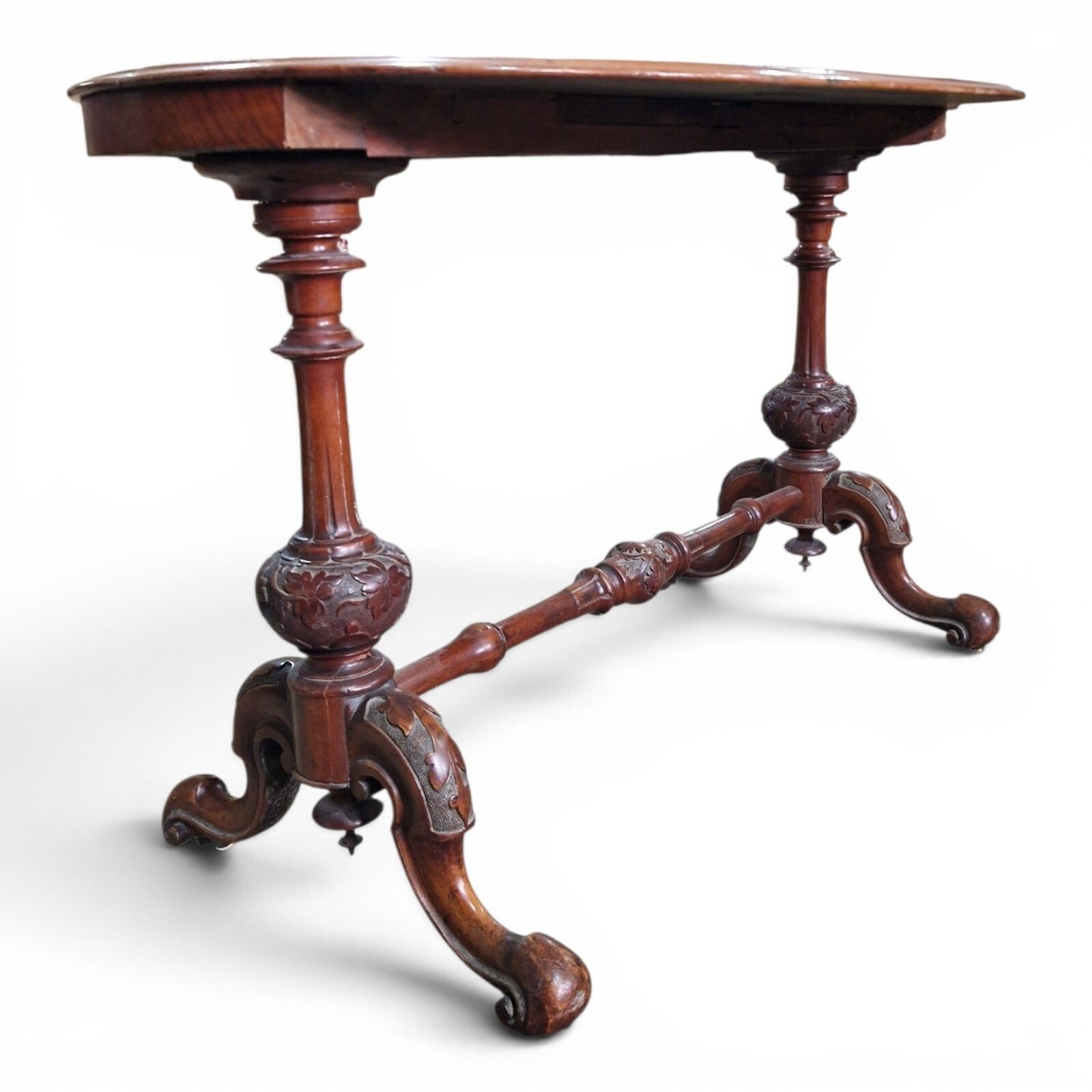 165.0 Antique Victorian Burr Walnut Oval Table Console Desk Centre Table Carved Base photo