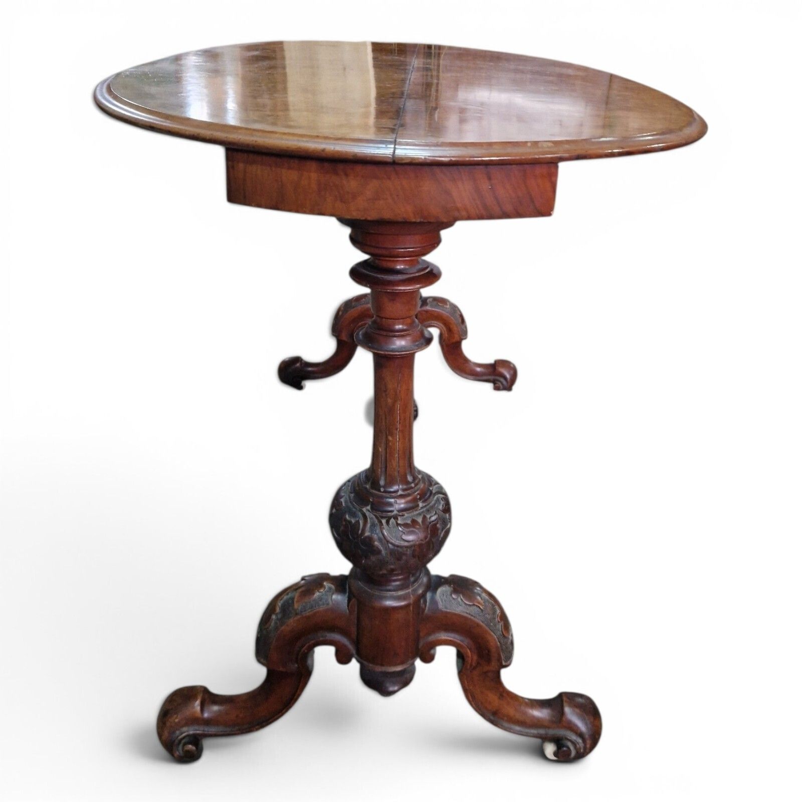 photo vinterior Antique Victorian Burr Walnut Oval Table Console Desk Centre Table Carved Base