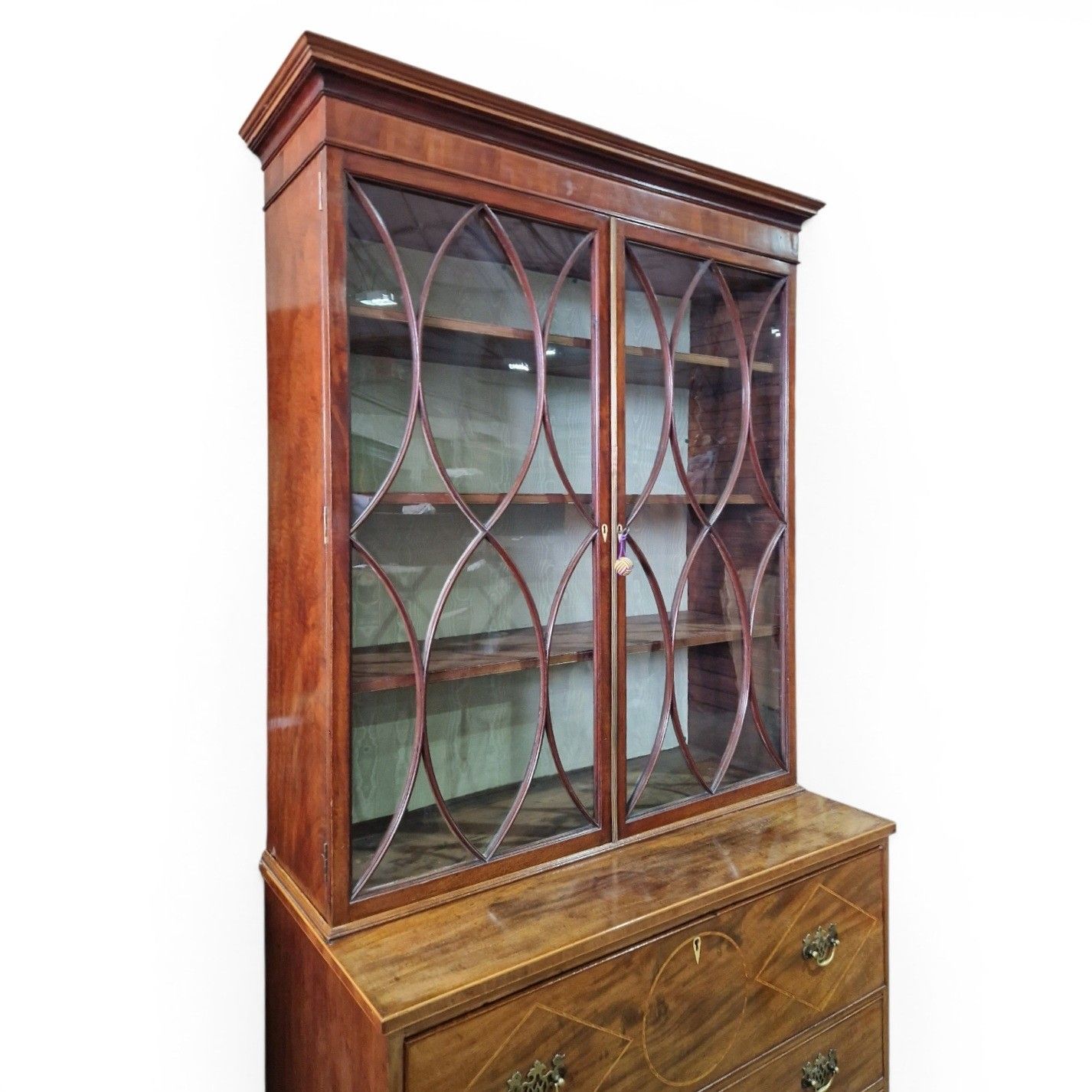 Antique Mahogany Secretaire Bookcase Bureau Display Cabinet Inlaid Writing Desk photo 695.0