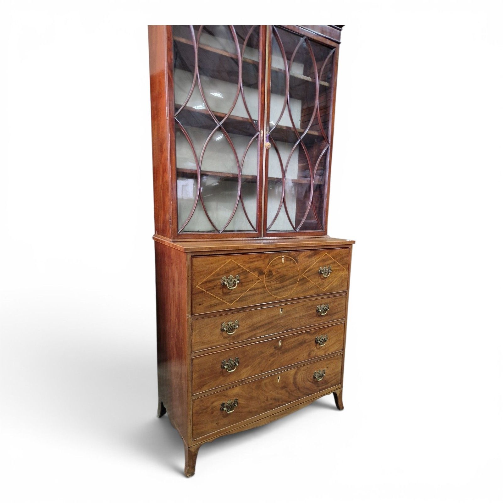 Antique Mahogany Secretaire Bookcase Bureau Display Cabinet Inlaid Writing Desk photo vinterior