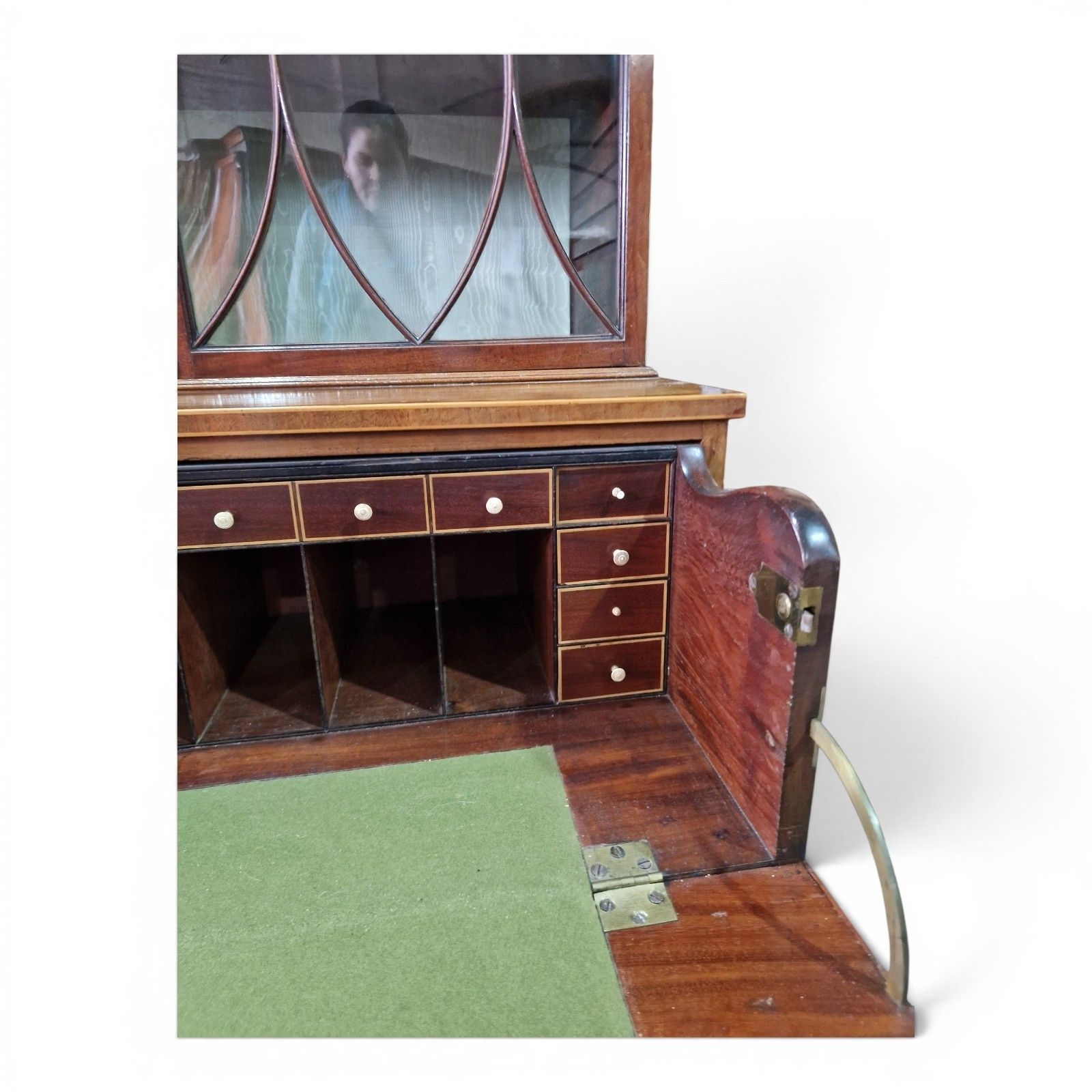 695.0 Antique Mahogany Secretaire Bookcase Bureau Display Cabinet Inlaid Writing Desk photo