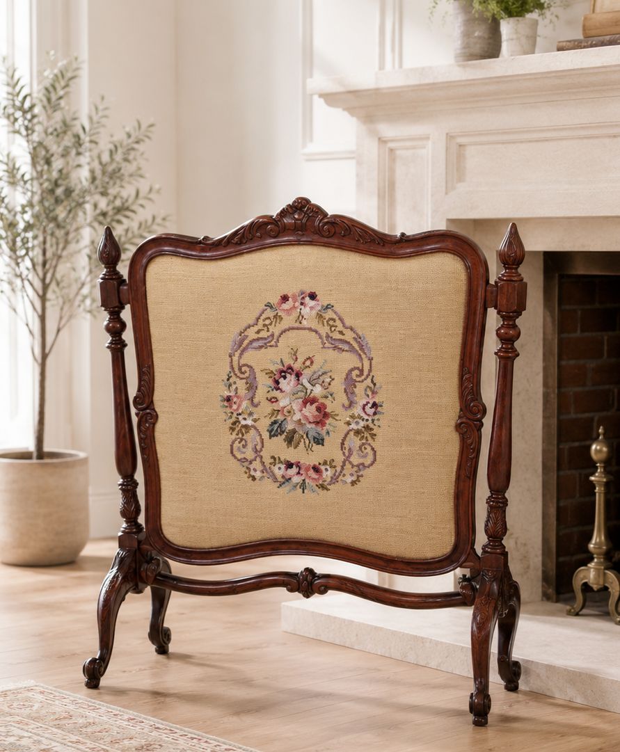 Antique Carved Walnut Firescreen Draught Screen Needlepoint Panel Victorian