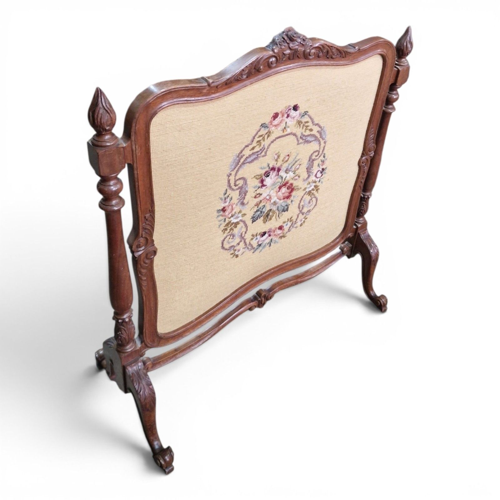 Antique Carved Walnut Firescreen Draught Screen Needlepoint Panel Victorian photo Home Decor