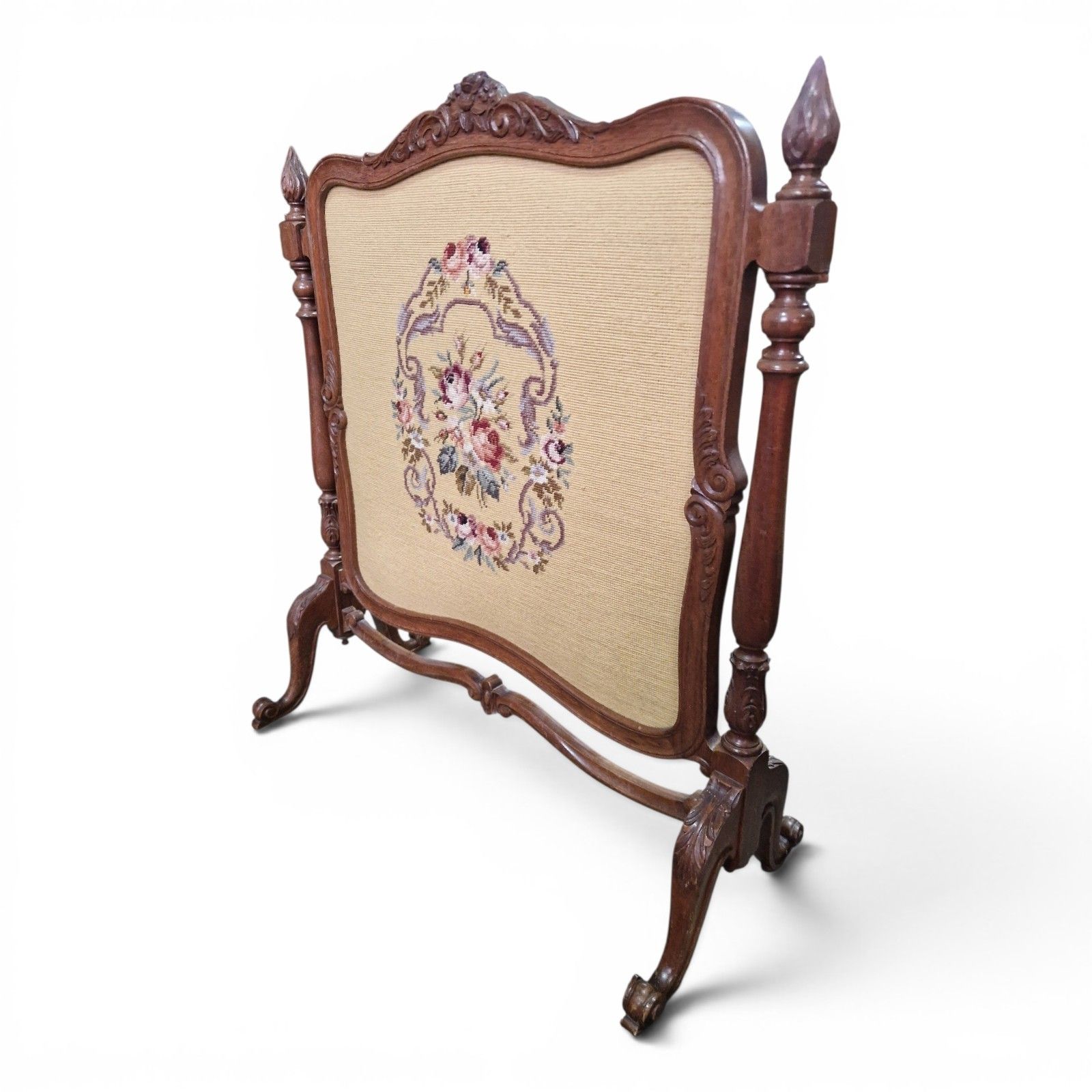 photo furniture Antique Carved Walnut Firescreen Draught Screen Needlepoint Panel Victorian