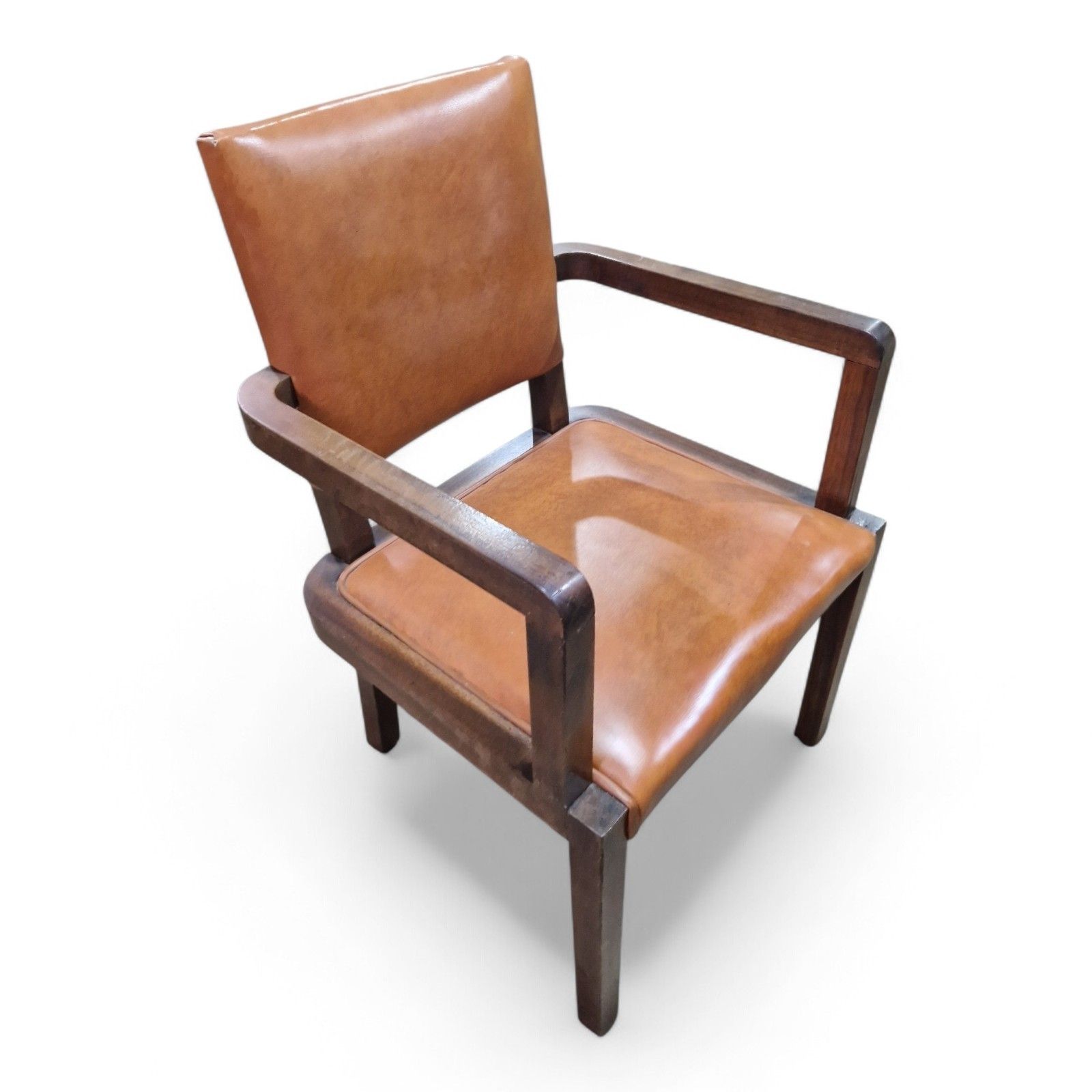 Art Deco Armchair Desk Chair Library Study Chair Tan Vinyl Wooden Arms photo vinterior