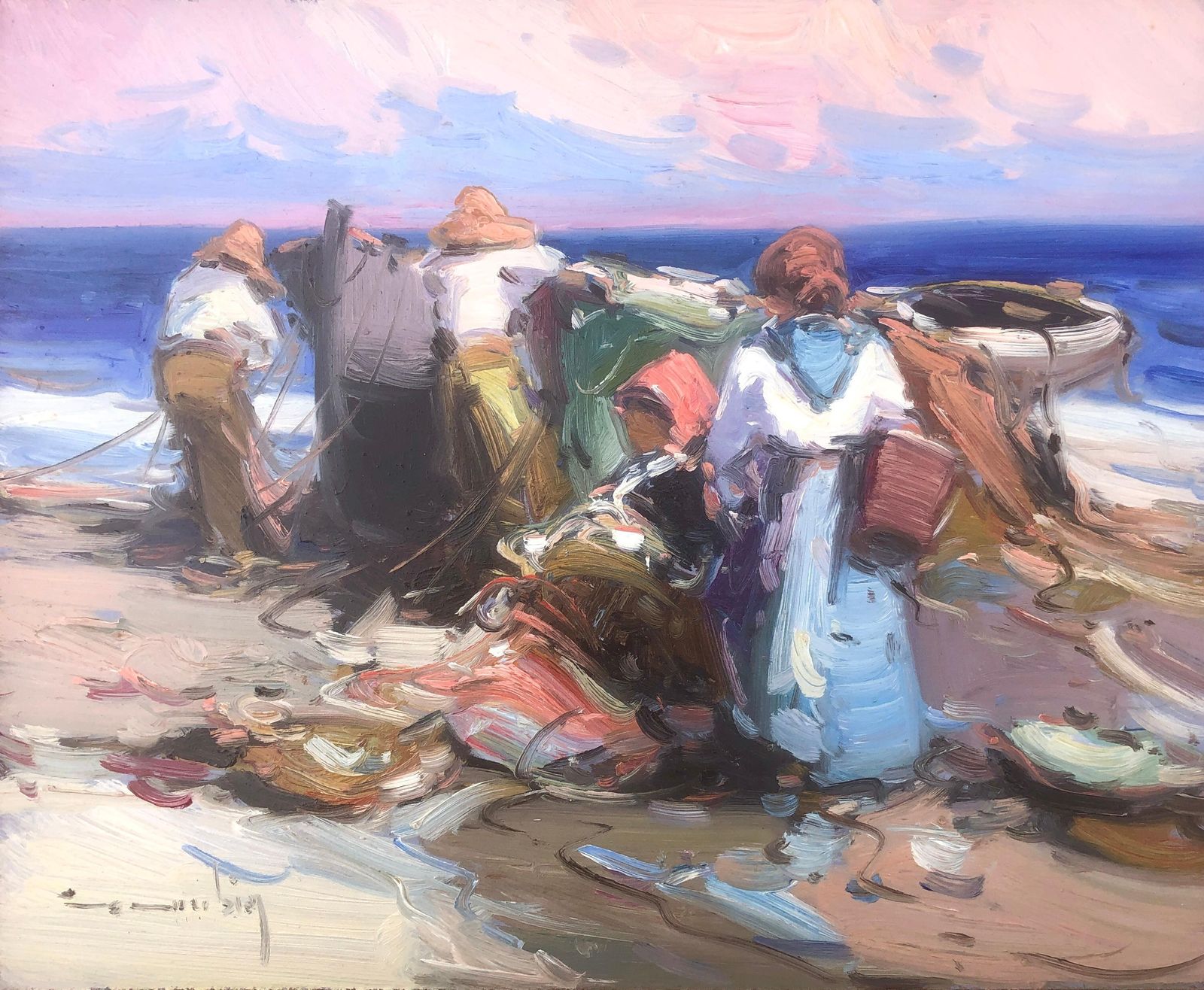 Gabriel Casarrubios Mediterranean Fishermen Coastal Seascape Fishing Boats Spanish Impressionist Oil C.2000