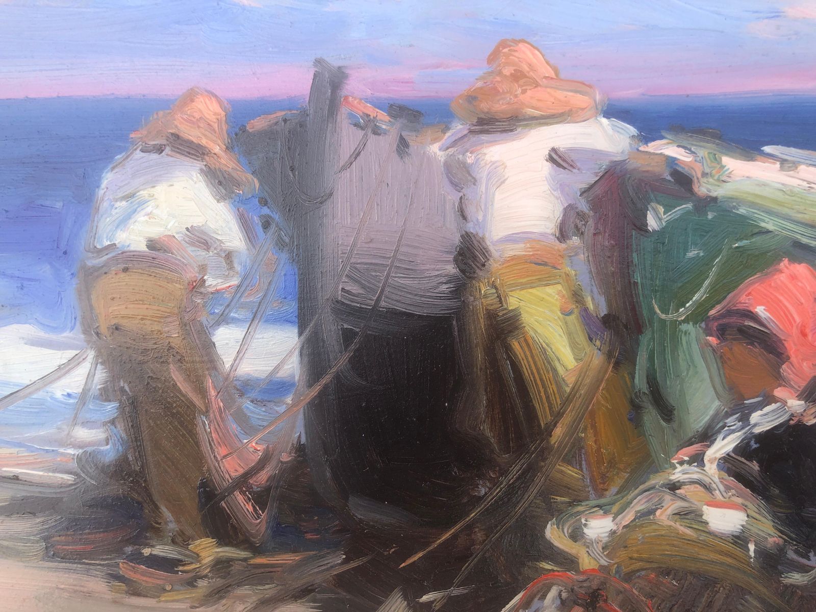 Gabriel Casarrubios – Mediterraan Kustlandschap Met Vissers En Vissersboten – Spaans Impressionistisch Olieverfschilderij, Ca. 2000 photo for sale