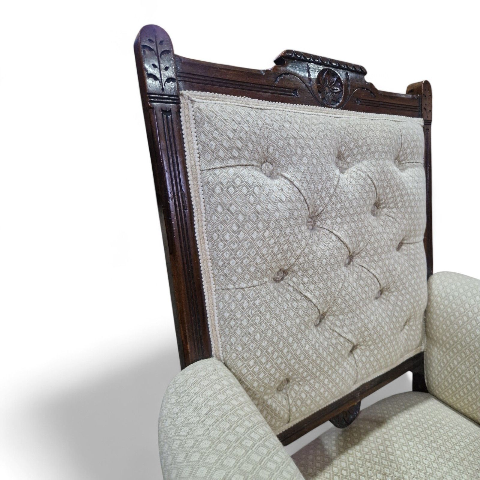 Furniture Antique Victorian Button Back Fireside Chair Upholstered Reading Armchair Carved photo